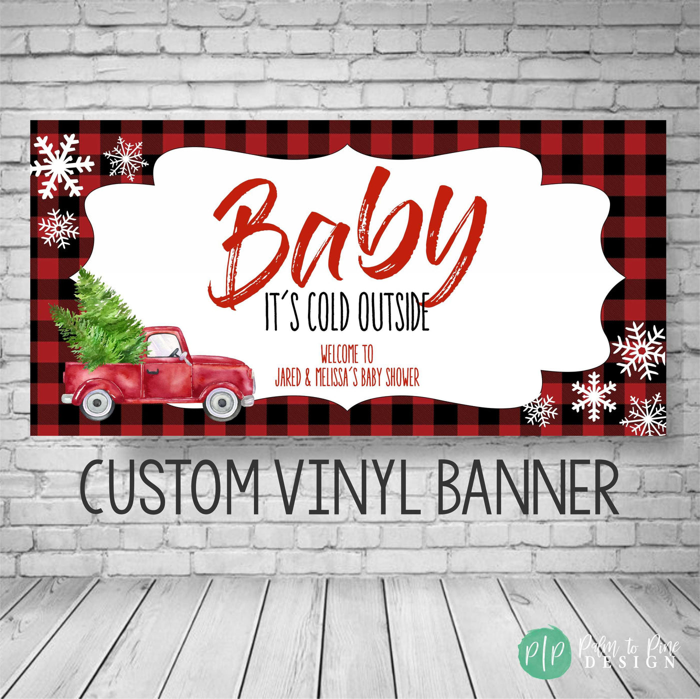 baby it&#39;s cold outside buffalo plaid baby shower banner with red truck and tree and white snowflakes