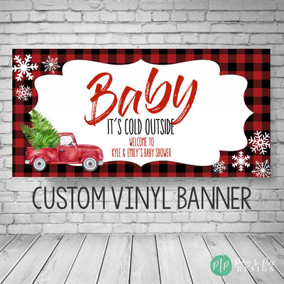 baby it&#39;s cold outside buffalo plaid baby shower banner with red truck and tree and white snowflakes