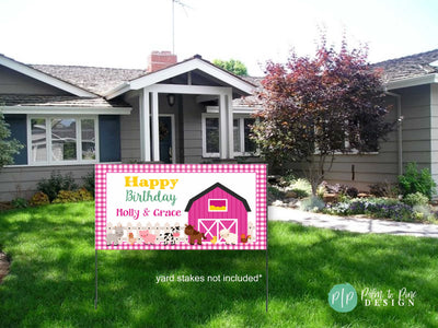 pink barn birthday party banner in yard