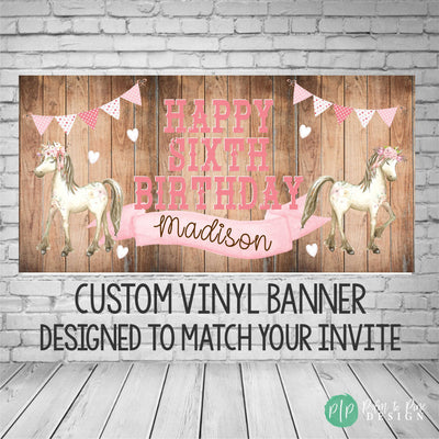 pink horse birthday banner with rustic wood background and horses with floral crowns