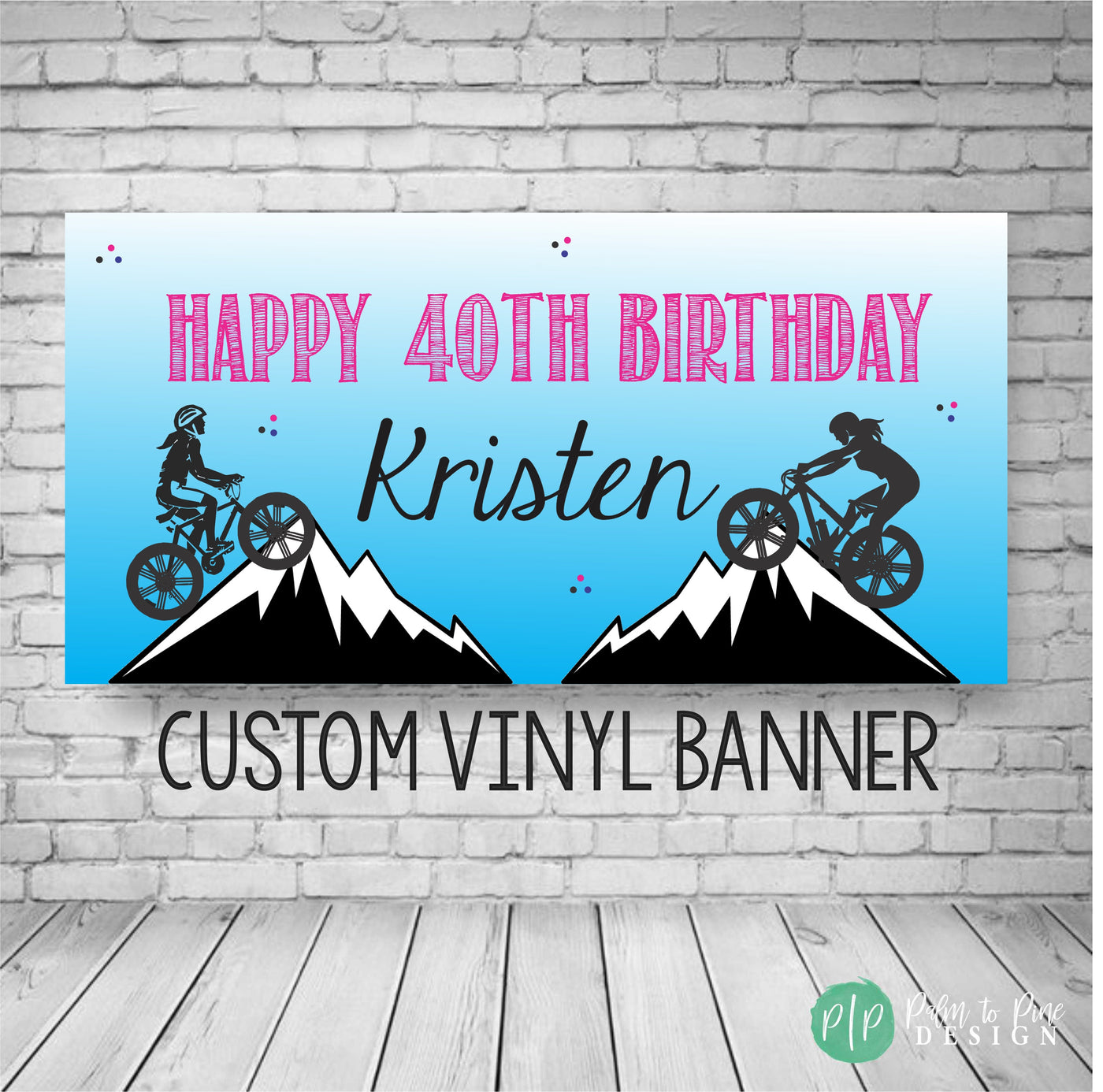 Mountain Bike Birthday Banner in pink and blue with girl mountain bikers