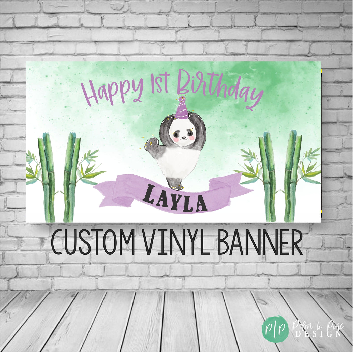 purple panda birthday banner with green and gold accents