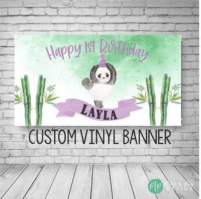 purple panda birthday banner with green and gold accents