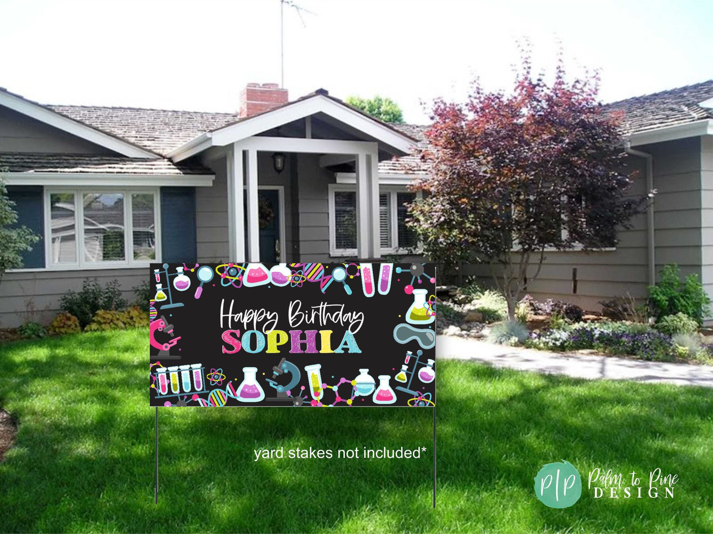 kids science birthday banner in front yard