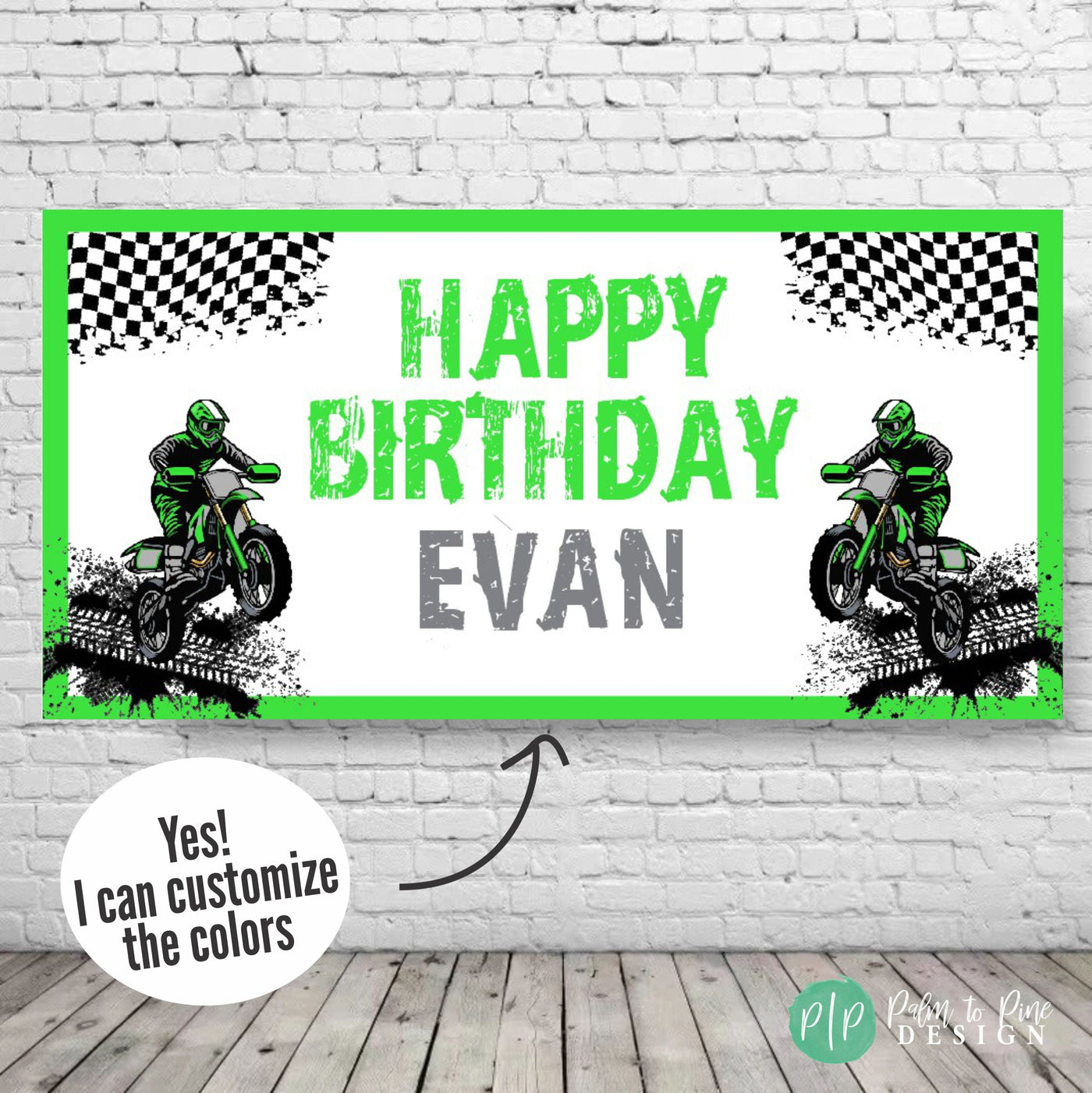 dirt bike birthday banner with checkered flag and motorcycle riders