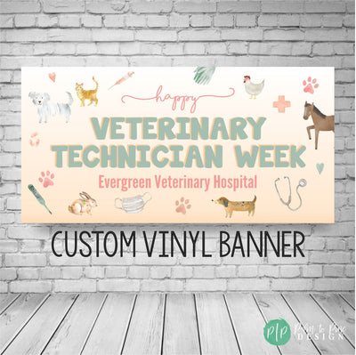 Veterinary Technician Appreciation Banner with pets and medical equipment clipart in neutral office colors