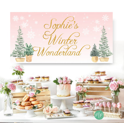 winter birthday dessert table in light pink