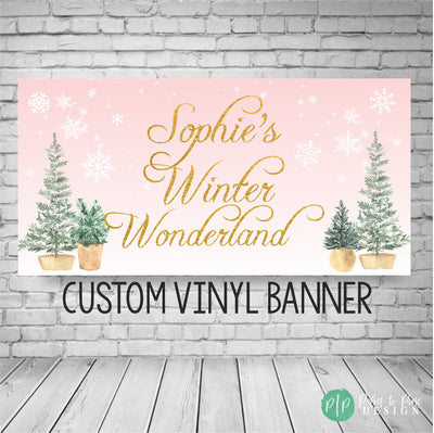 winter birthday banner with snowflakes and trees on light pink background