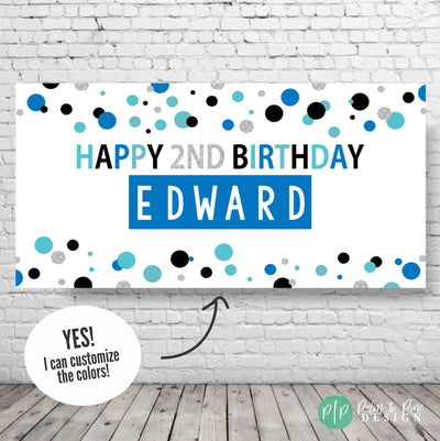 boys polka dot birthday banner in blue, silver and black