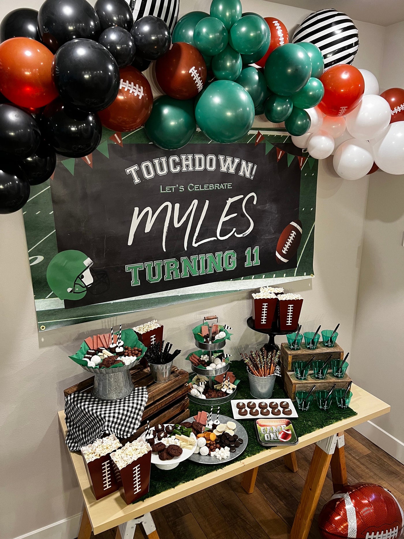 football birthday party decorations and dessert table