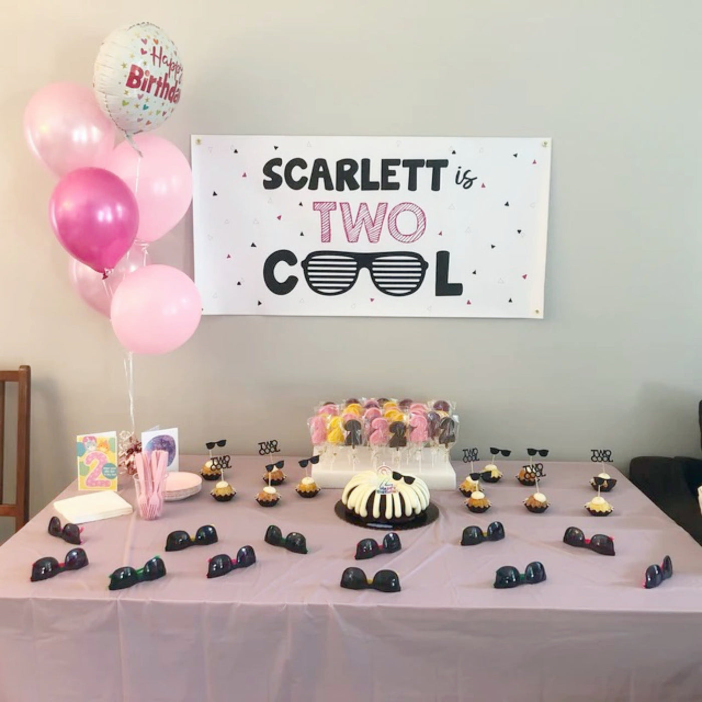 Two Cool birthday banner in pink and black with sunglasses