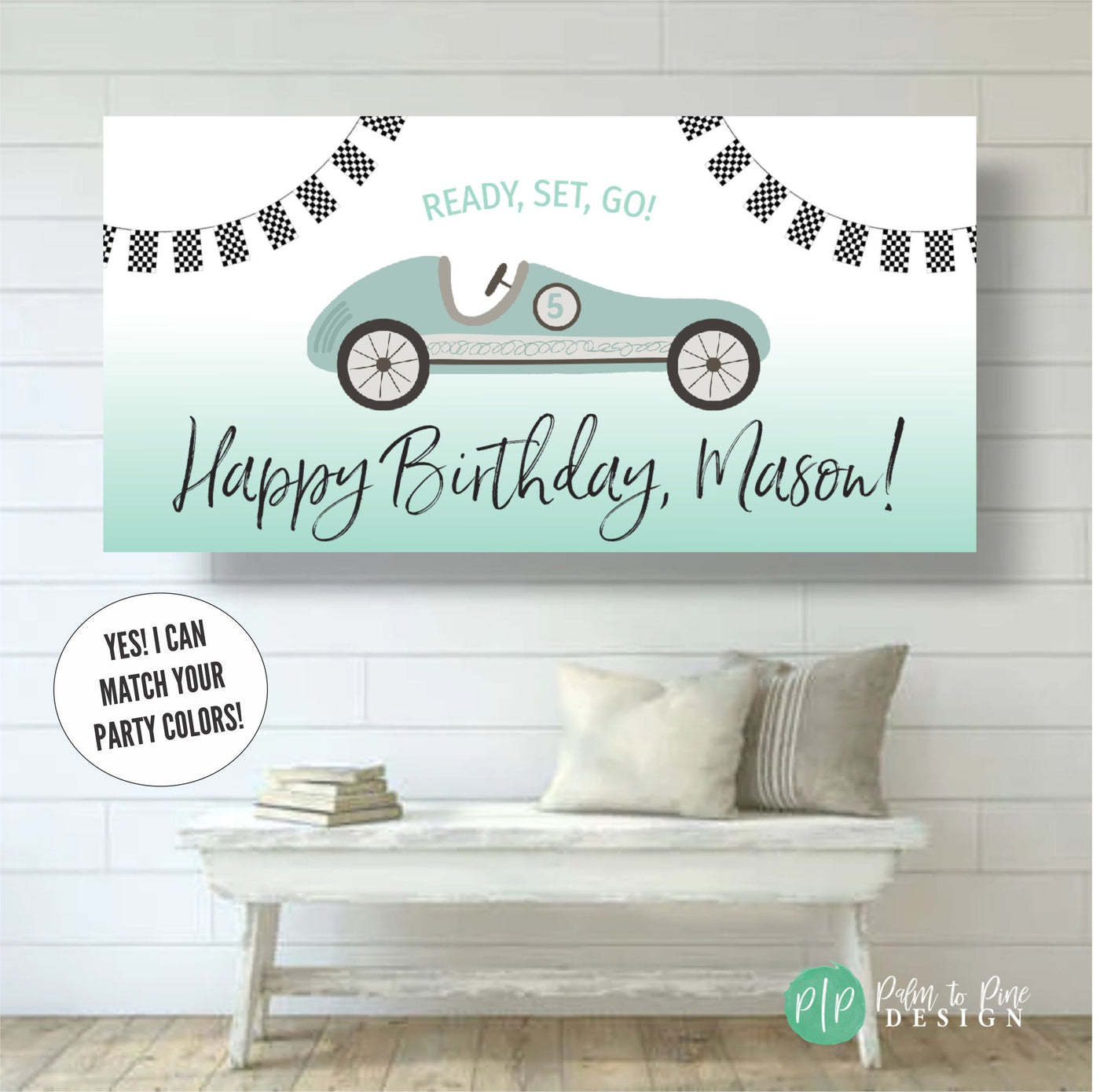 vintage racecar birthday banner with derby racecar and checkered flag banner