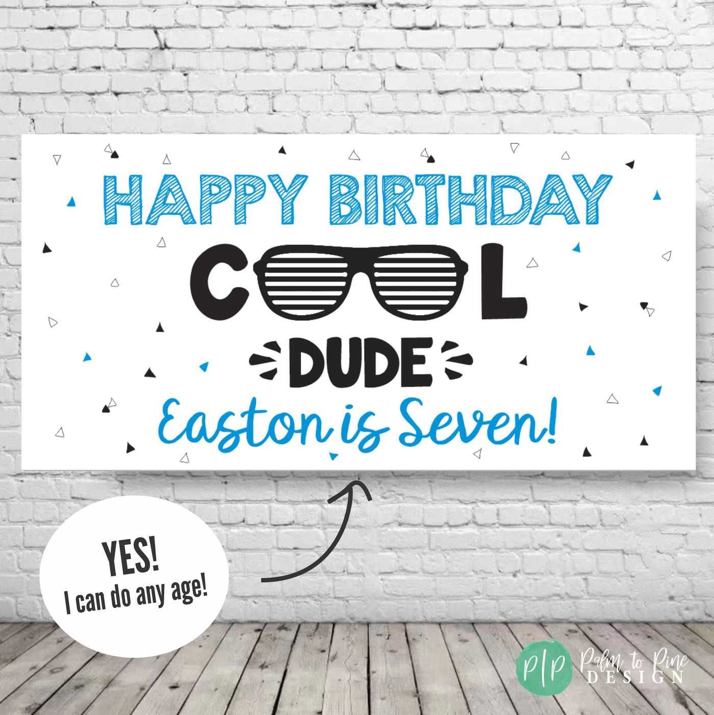 Cool Dude Birthday Banner with black and blue triangles and aviator sunglasses for kids birthday party