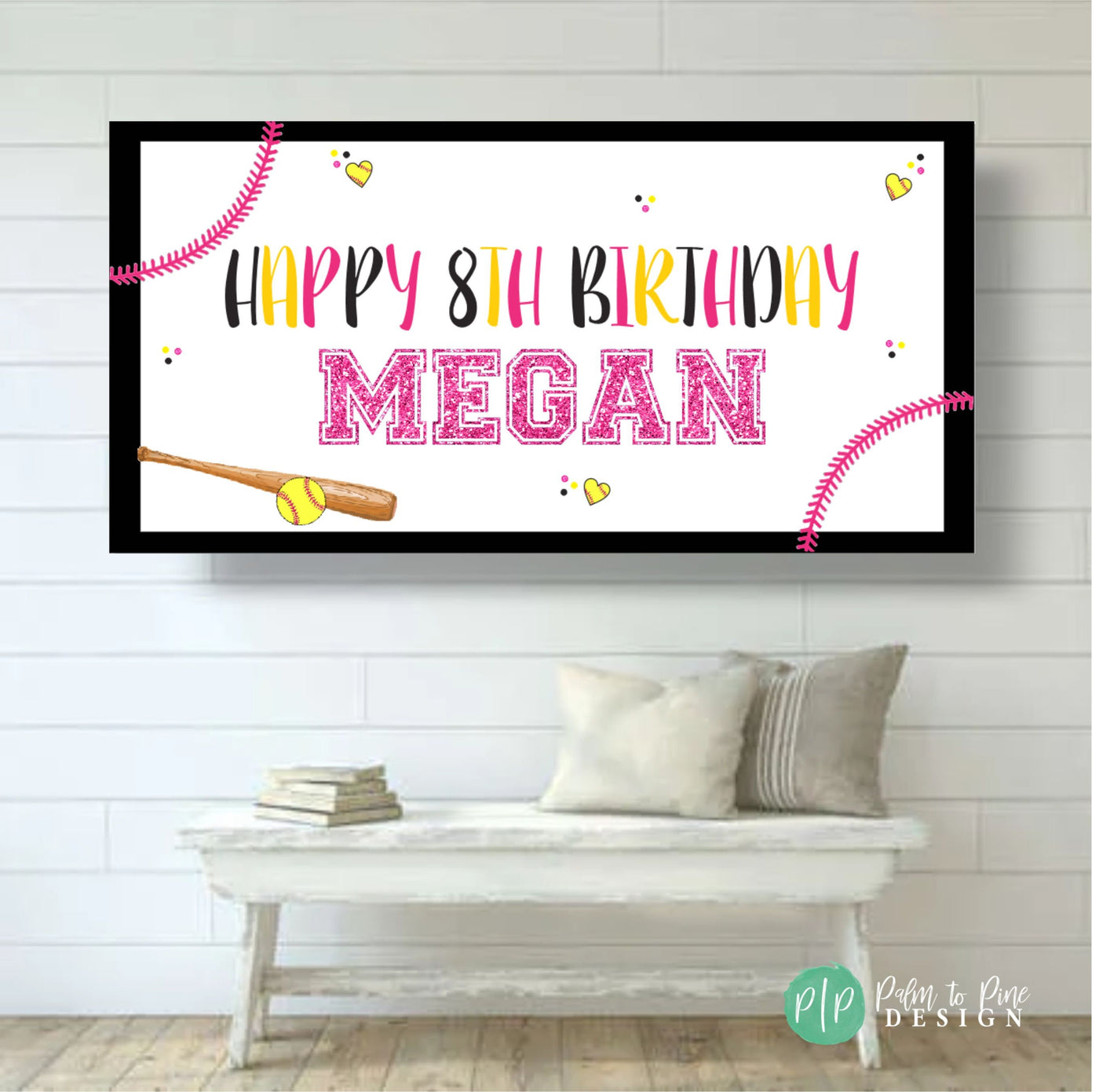 girls softball birthday banner with pink glitter and yellow softballs