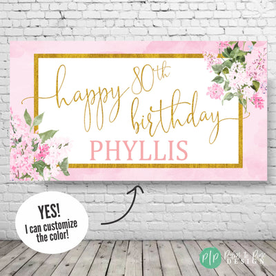 Hydrangea birthday banner in pink and gold