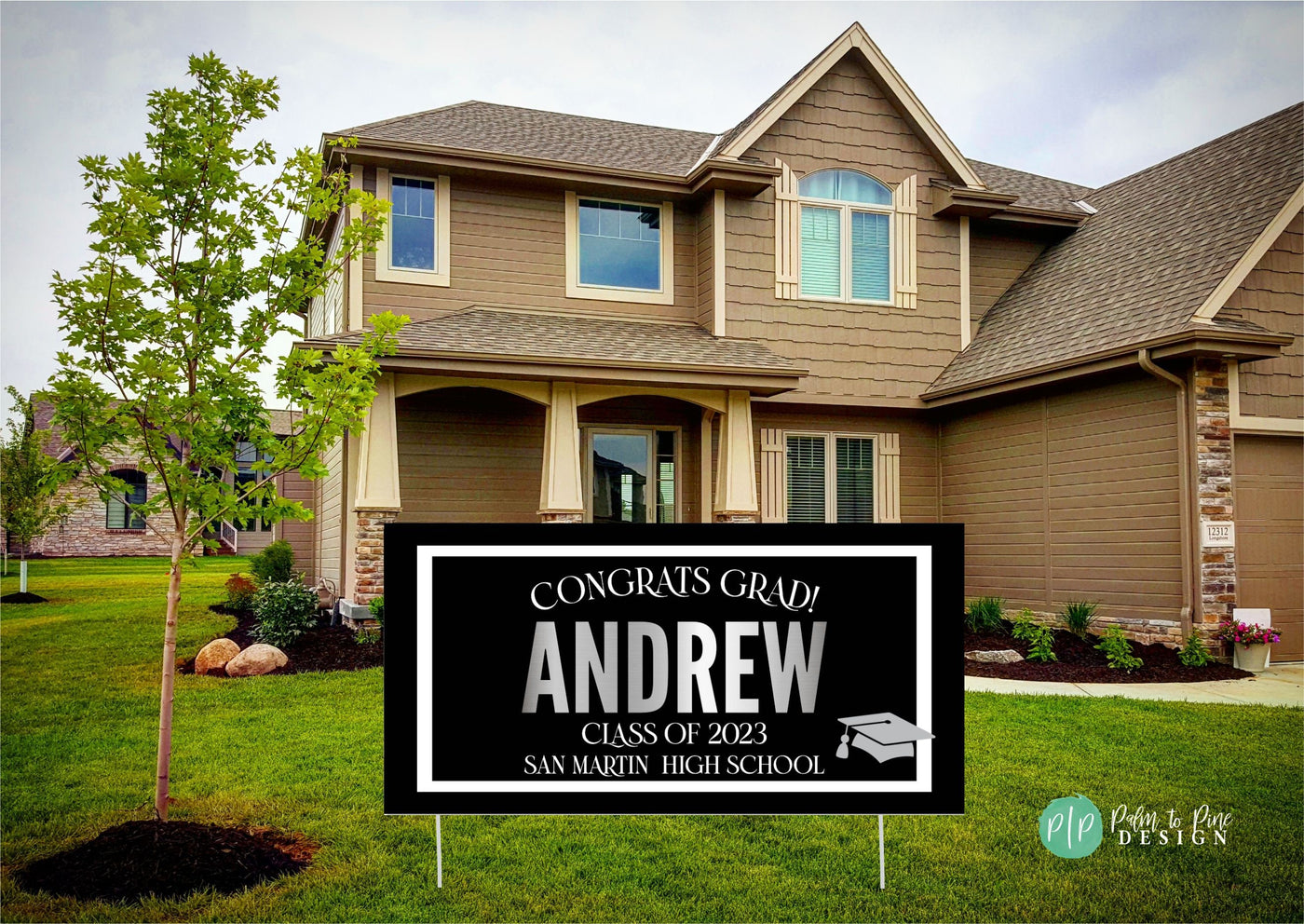Custom Class of 2025 graduation yard banner featuring &quot;Congrats Grad,&quot; graduate’s name and school in silver and white on a black background with clean border and cap graphic