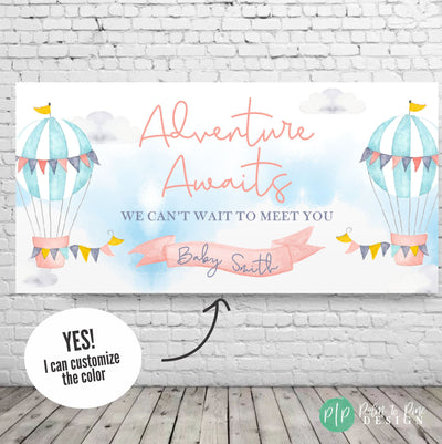 adventure awaits hot air balloon banner for girl baby shower in pink and blue