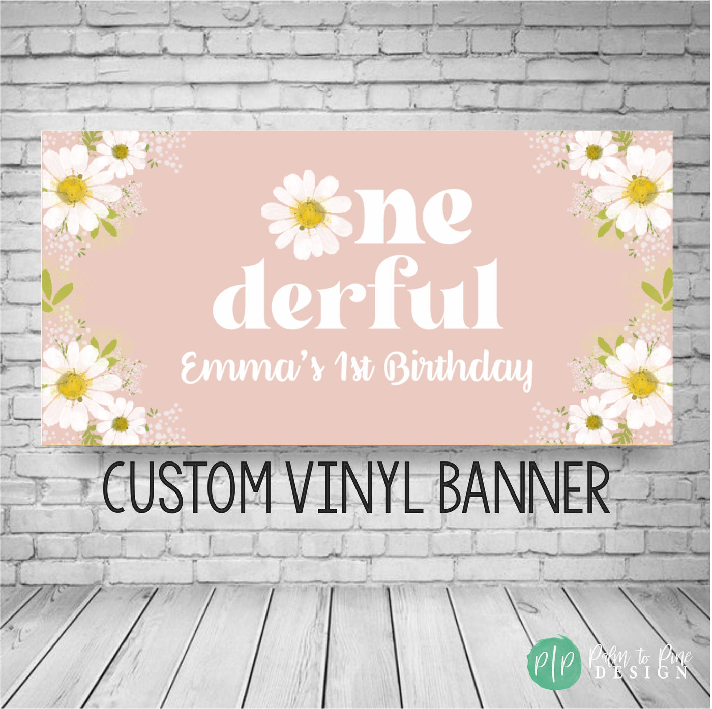 Onederful first birthday banner with daisies personalized for little girls birthday