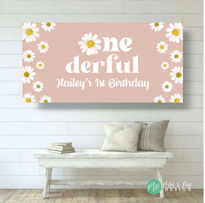 Onederful daisy birthday banner for girls in pale pink