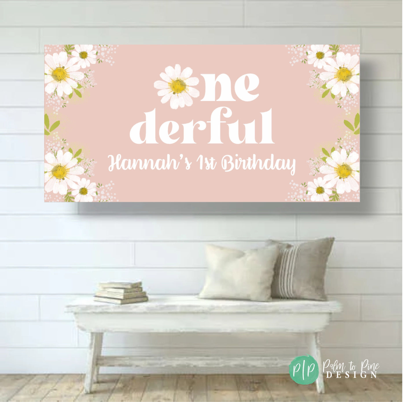 Isn&#39;t she onederful birthday banner in soft pink with daisy floral decor