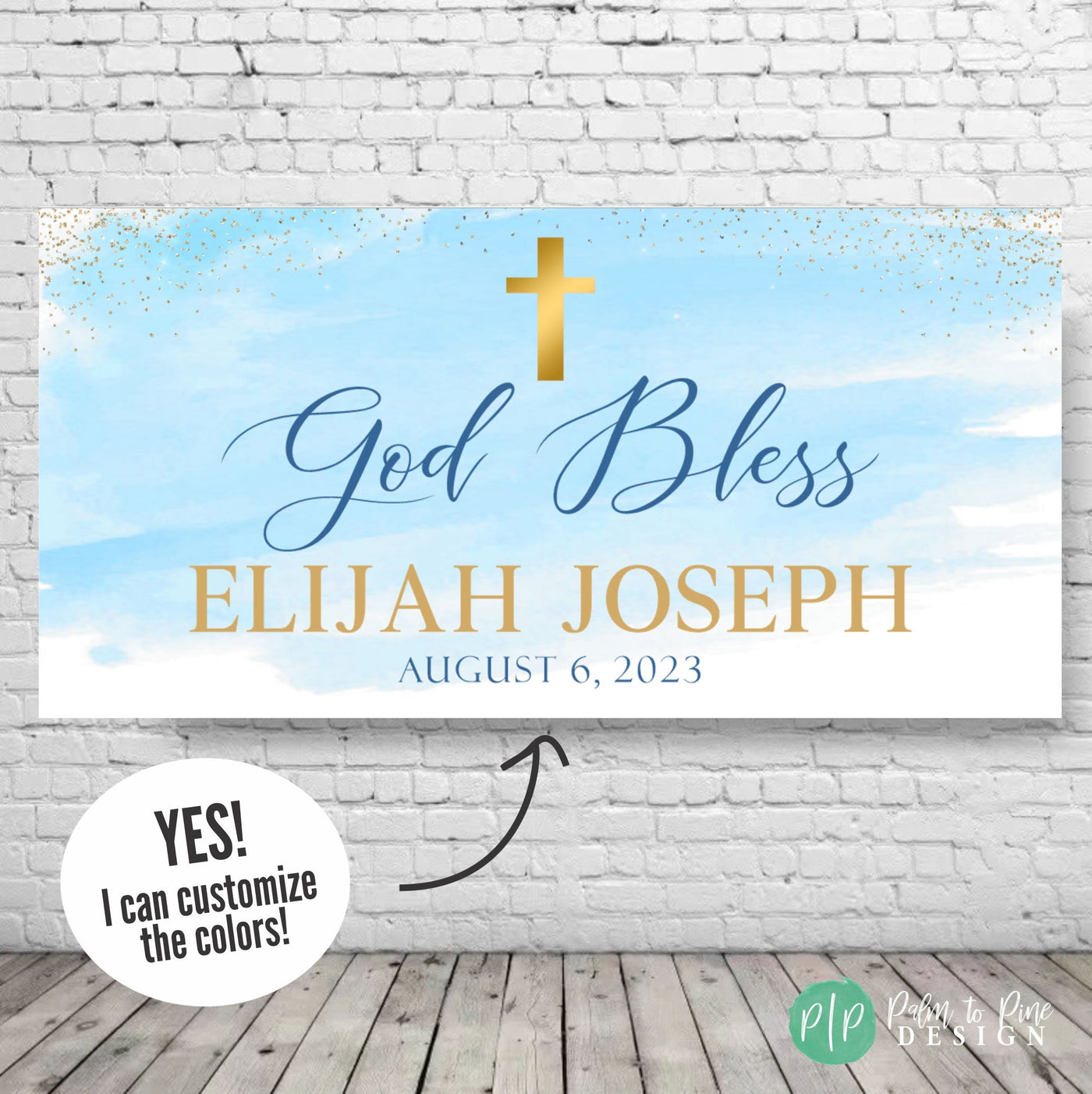 custom baptismal banner with blue watercolor background and gold cross