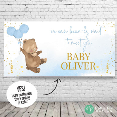 teddy bear baby shower banner in blue and gold