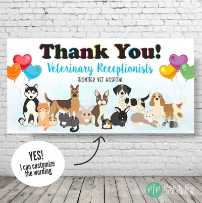 Veterinary Receptionists appreciation week banner with dogs, cats and pets