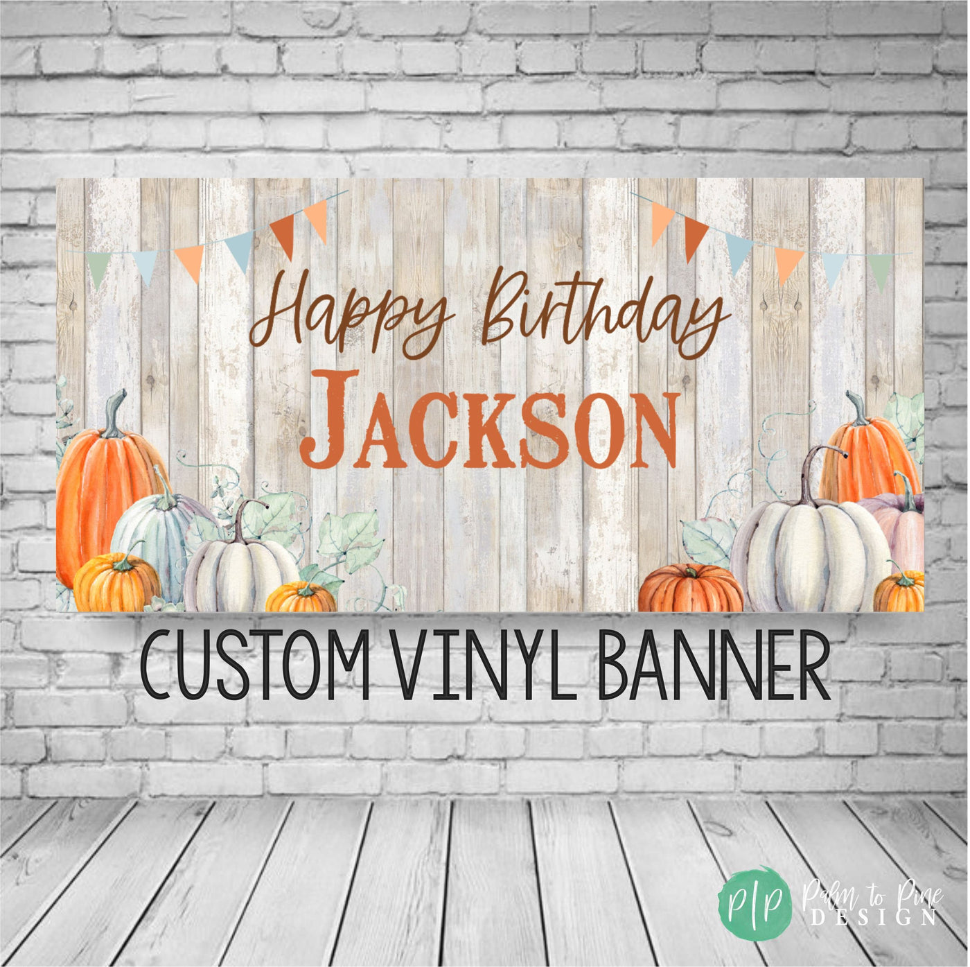 Fall Birthday Banner with Rustic Pumpkin design and bunting flag banner in light orange and baby blue color scheme