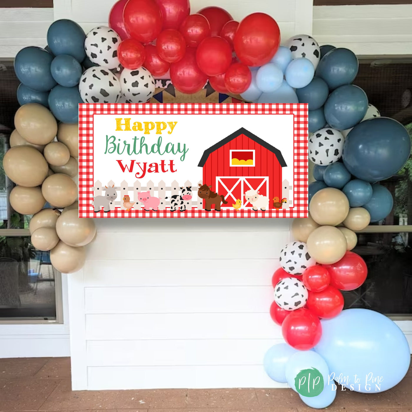 gingham farm birthday banner with balloon garland background