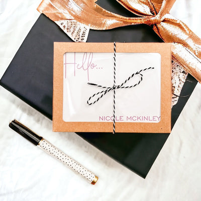 personalized stationery holiday gift with black gift box and gold bow