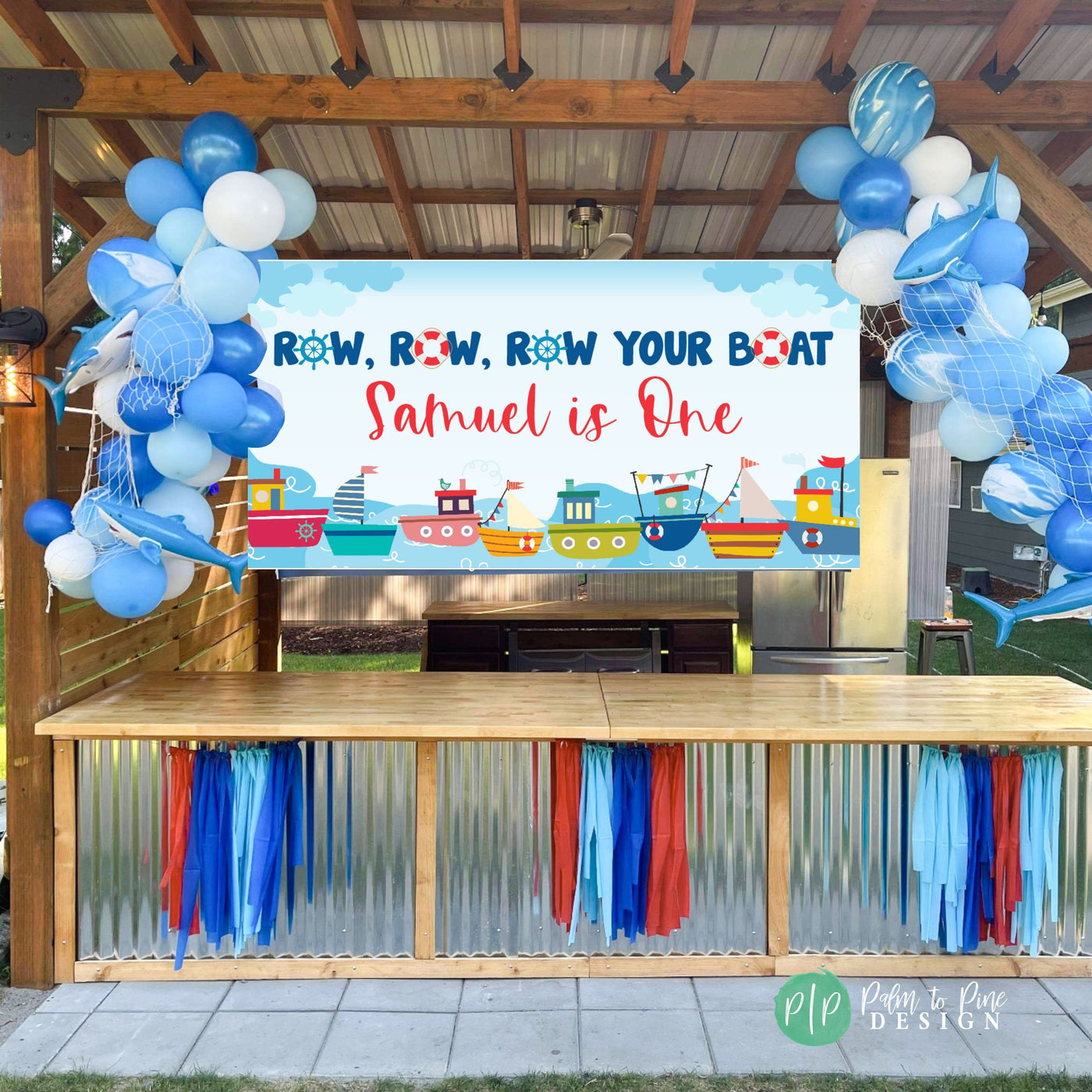 Row, Row, Row Your Boat Boys Birthday Banner, Sailboat Personalized Birthday Party Backdrop, Nautical Kids Birthday Decor, Sailboat Banner