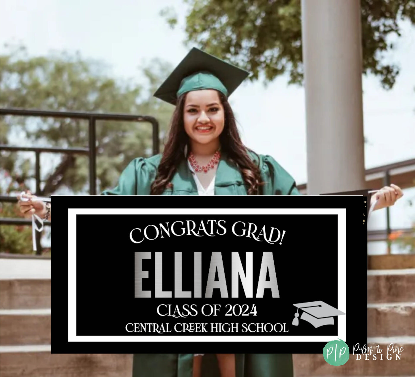 A black and white graduation sign with the text &#39;Congrats Grad! Grads Name, class of 2025 and grads High School&#39; in silver lettering. A silver graduation cap icon is in the bottom right corner.