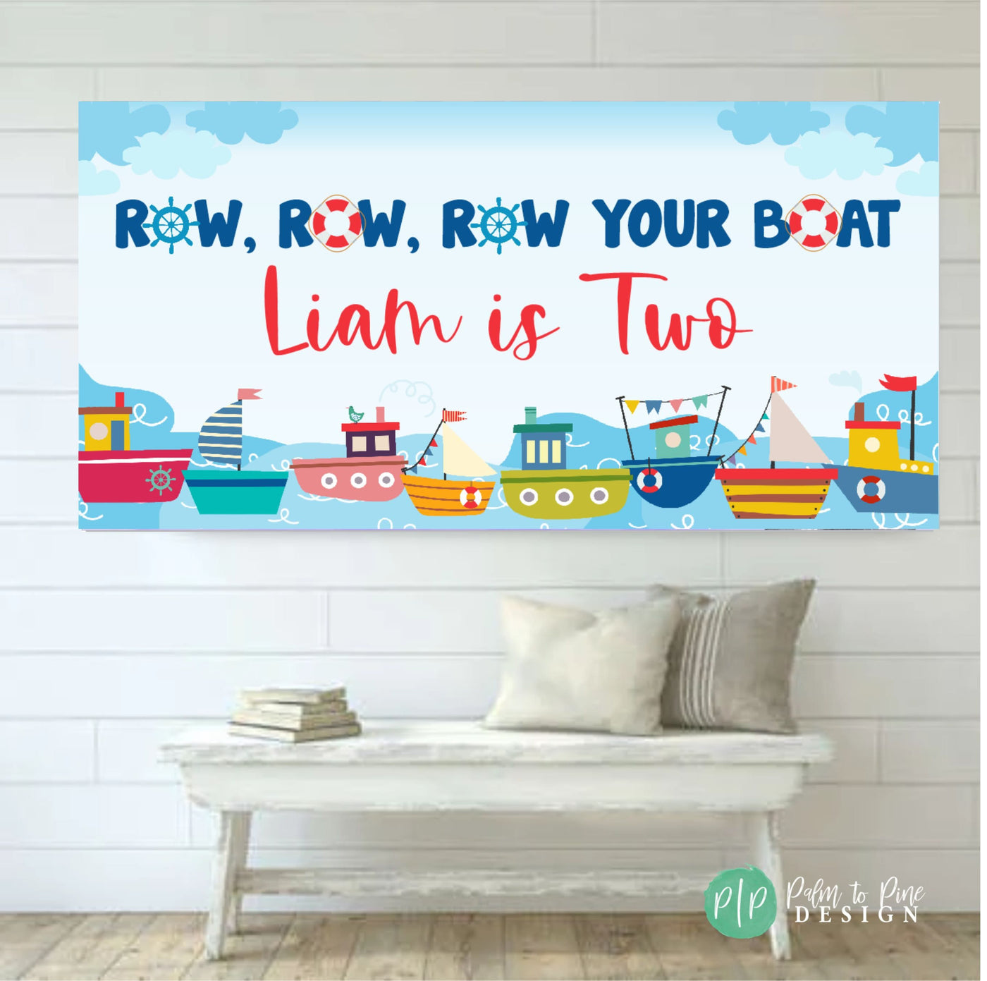 Row, Row, Row Your Boat Boys Birthday Banner, Sailboat Personalized Birthday Party Backdrop, Nautical Kids Birthday Decor, Sailboat Banner