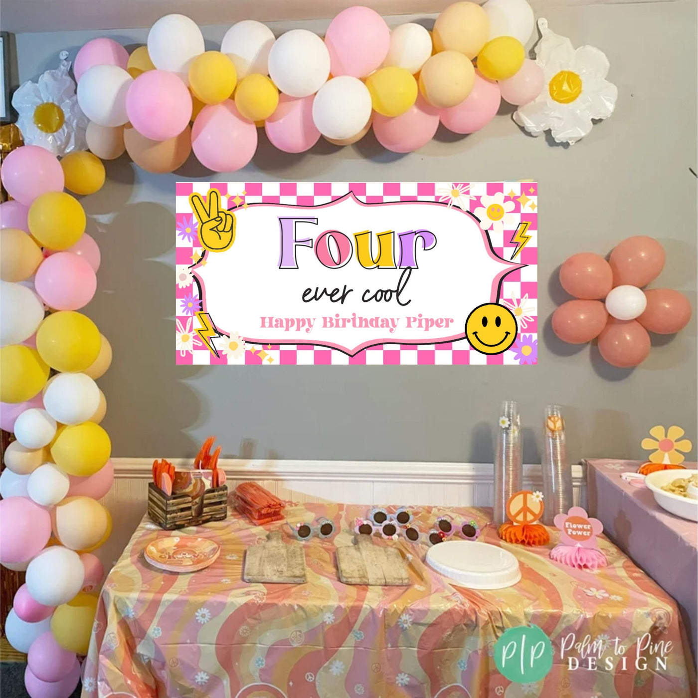 Four Ever Cool Birthday Banner with retro theme decorations