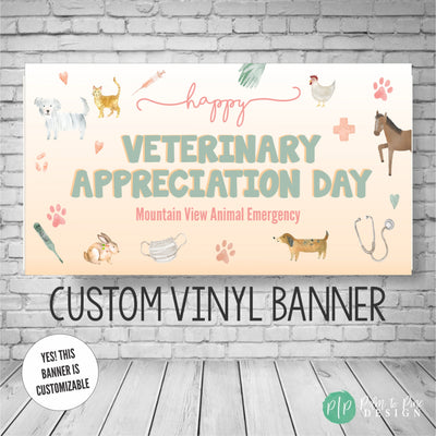 Veterinary Appreciation Day banner in neutral colors surrounded by watercolor pet images