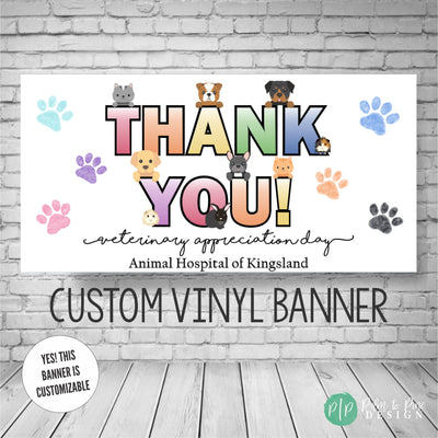 Veterinary Appreciation Day banner in pastel rainbow colors with pets and paw prints