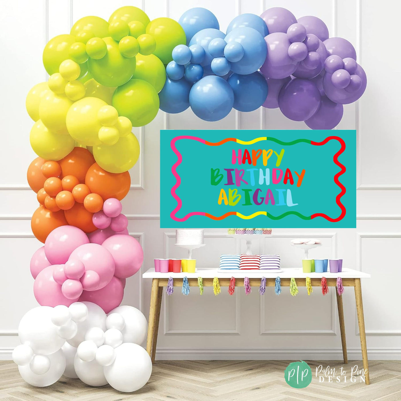 Scallop edge birthday sign, Rainbow girls squiggly banner, Wavy border birthday banner, Squiggle wavy birthday sign decor, Wavy scallop sign