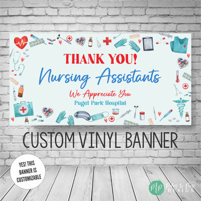 Nursing Assistants appreciation banner with medical equipment and thank you message for nurses