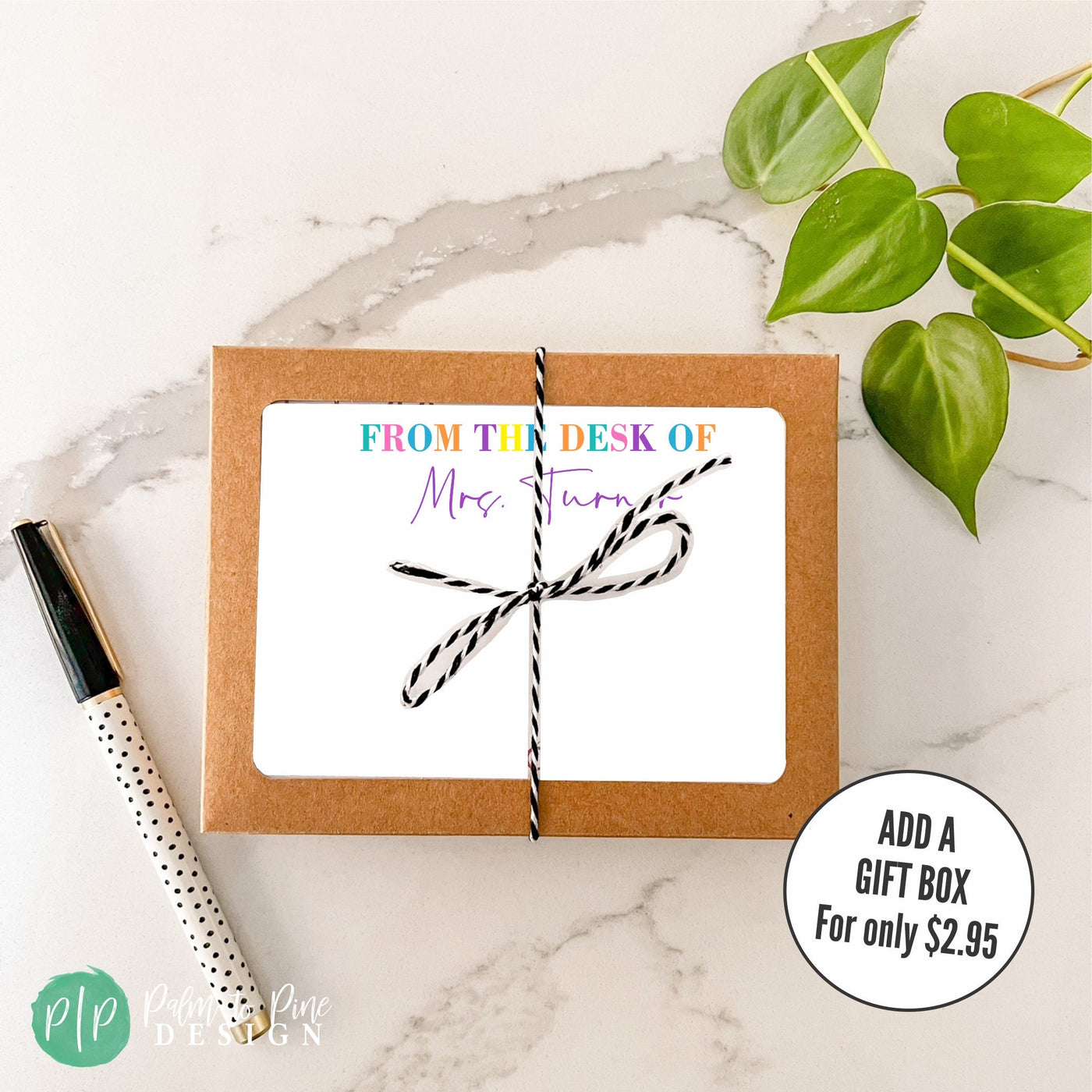 Personalized stationery teacher notecards with rainbow colored text that reads &#39;FROM THE DESK OF&#39; and personalized teacher name