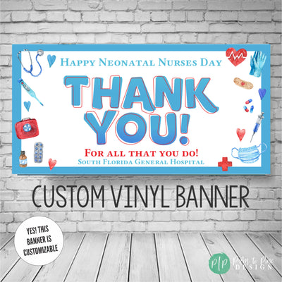 Happy Neonatal Nurses Day Appreciation Banner in blue and red with medial equipment