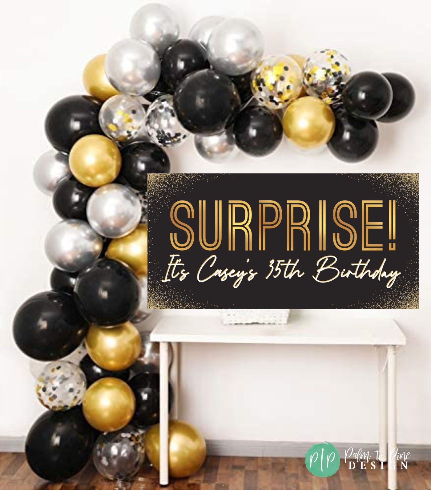 Black and Gold Birthday Banner, Surprise Birthday Custom Backdrop, Personalized Adult Birthday Banner, Black and Gold Surprise Party Banner