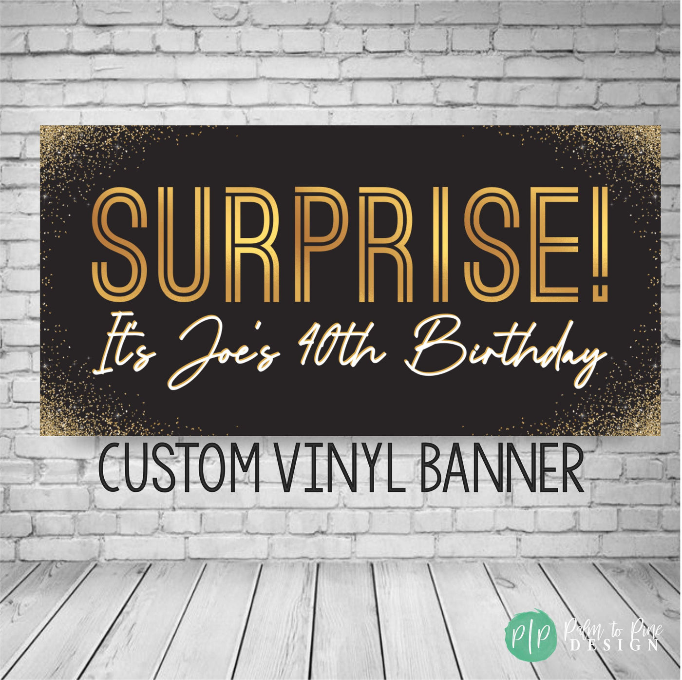 black and gold surprise birthday banner with gold foil confetti