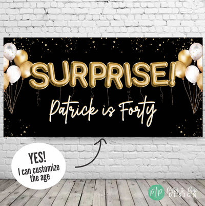 black and gold surprise party banner