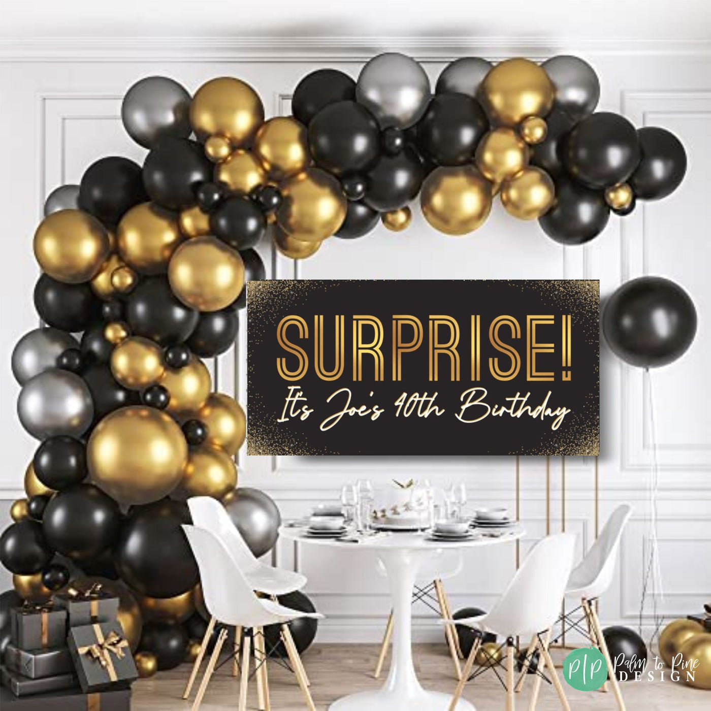 Black and Gold Birthday Banner, Surprise Birthday Custom Backdrop, Personalized Adult Birthday Banner, Black and Gold Surprise Party Banner