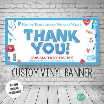 National Emergency Nurses Week Appreciation Banner in light blue and red with medical equipment clipart