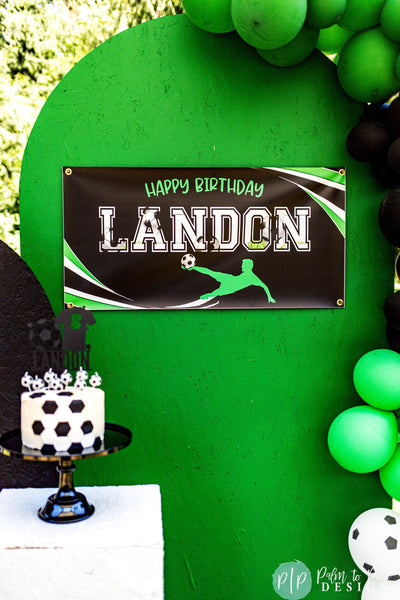 Black and Green modern soccer birthday banner on arched wall