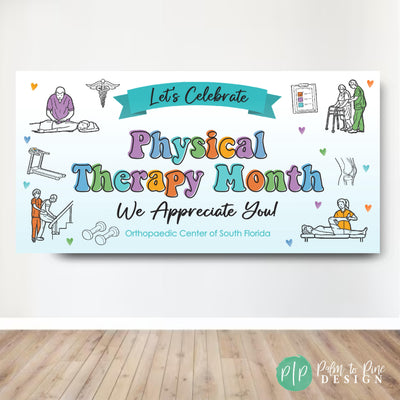 Physical Therapy Appreciation Month banner with PT and patient care clipart