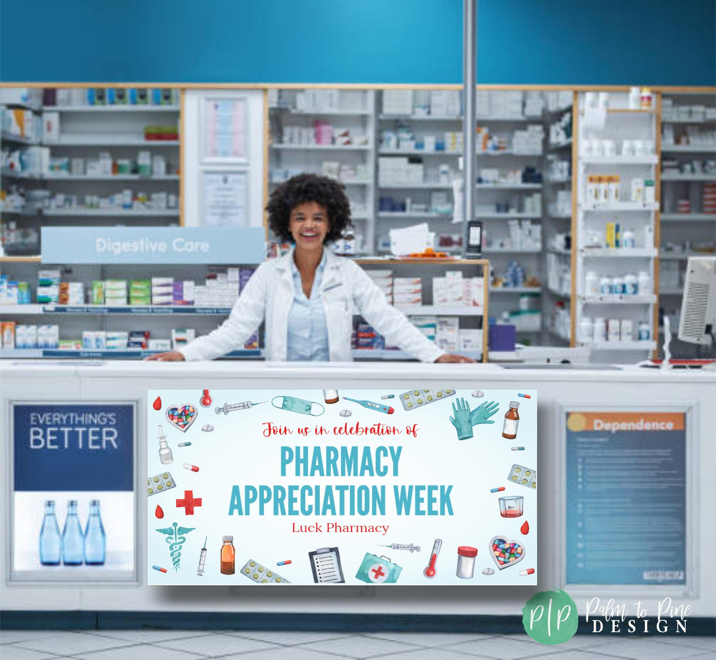 Pharmacy Appreciation Week banner with pharmacist smiling behind banner