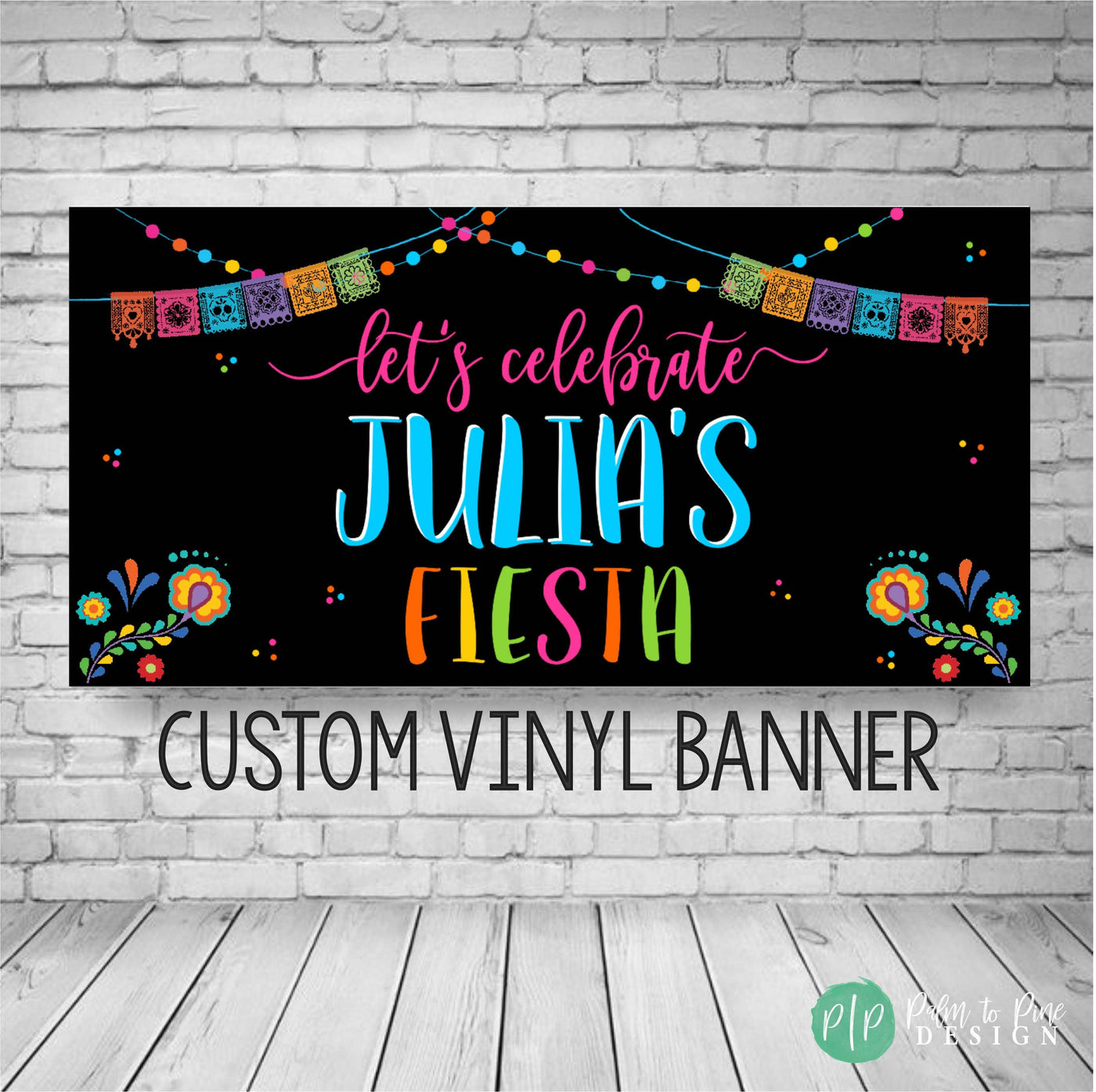 Mexican Fiesta Party Banner with papel banners and mexican flowers in bright colors