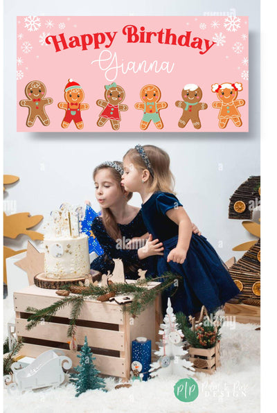 Gingerbread Girl Birthday Banner, Custom Gingerbread man Backdrop, Gingerbread Cookie Holiday Party Banner, Girls Christmas Birthday Decor